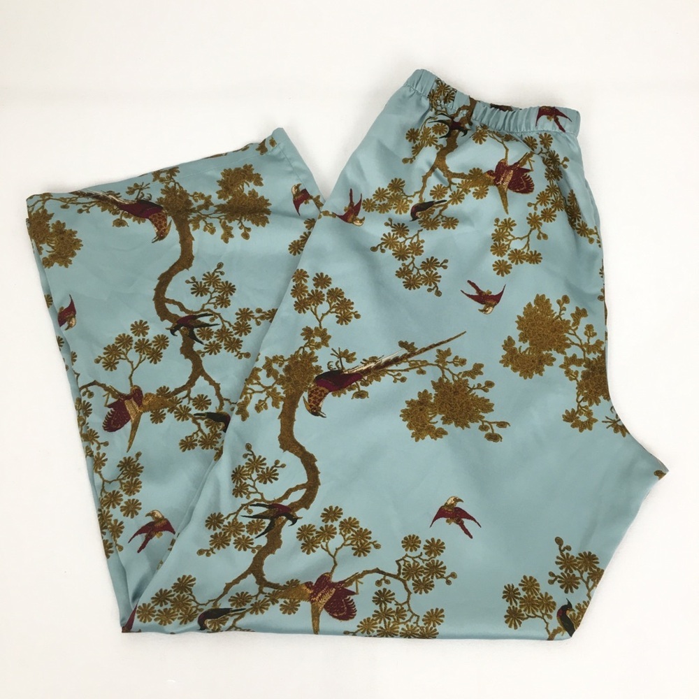 Natori Asian Print Satin Pants Blue Wide Leg Pull On Elastic Wast Women’s Size M